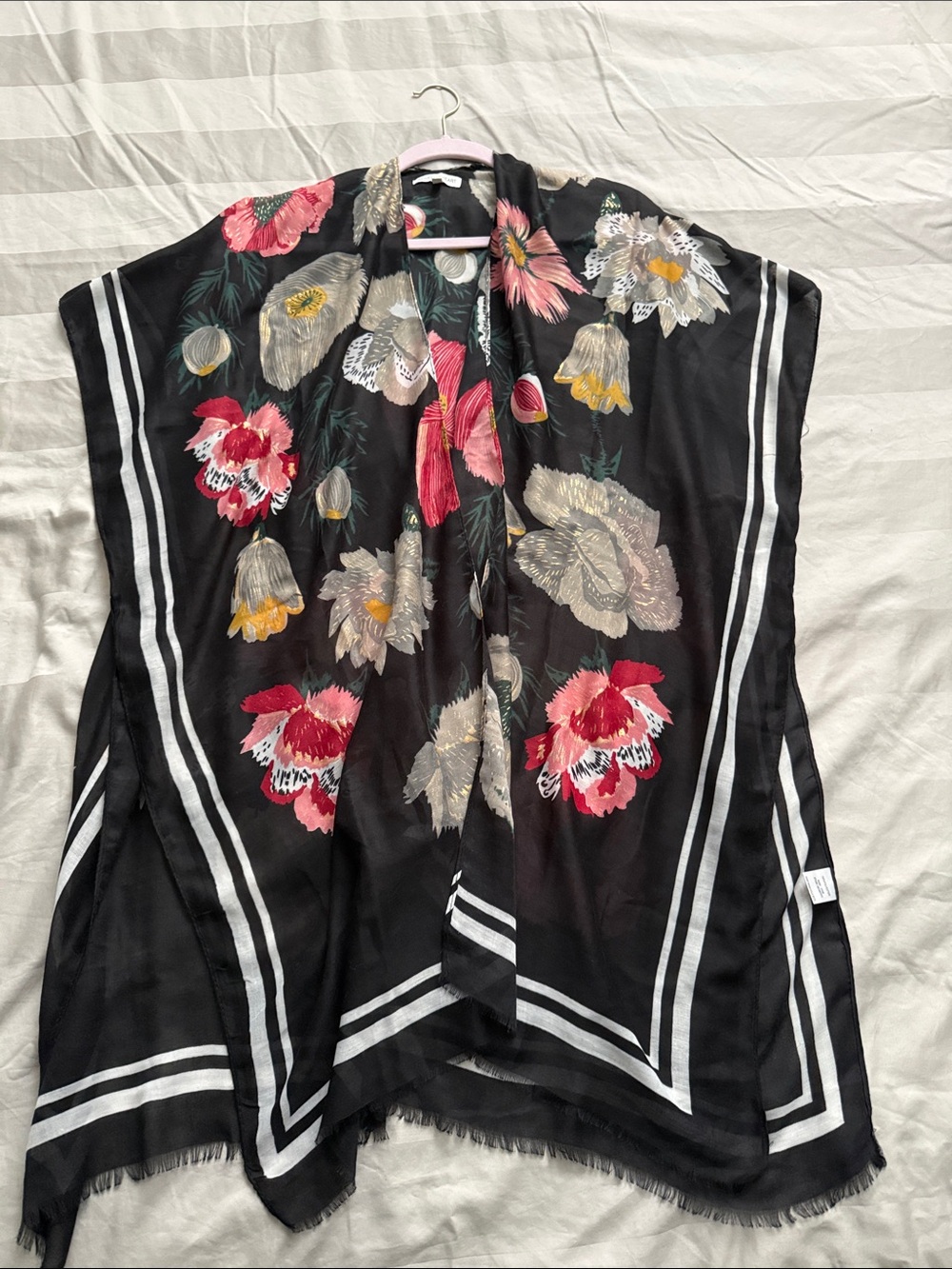 Floral Black Sheer Kimono Coverup with Red & Pink Blooms